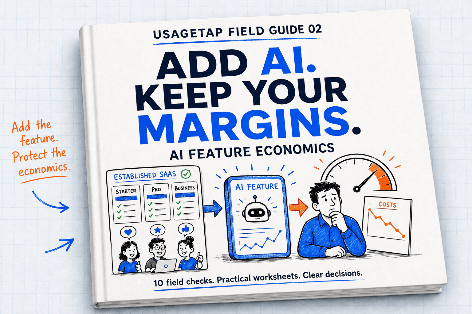 Add AI and keep your margins: an illustrated field guide showing an AI feature added to an established SaaS product.