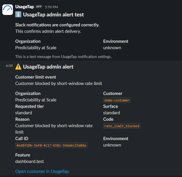 Slack admin alert examples for notification testing and customer limit events