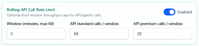 Burst rate limit settings for API calls and agentic API calls